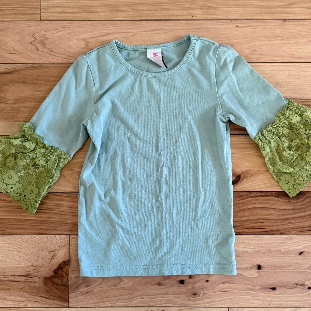 Matilda Jane Serendipity Blueberry Boat tee with green lace sleeves